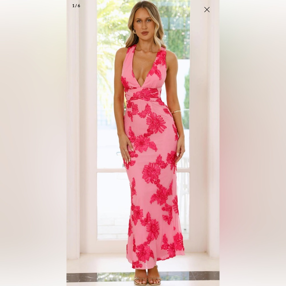 Plunge V-Neck Pink Floral Appliqué Maxi Dress